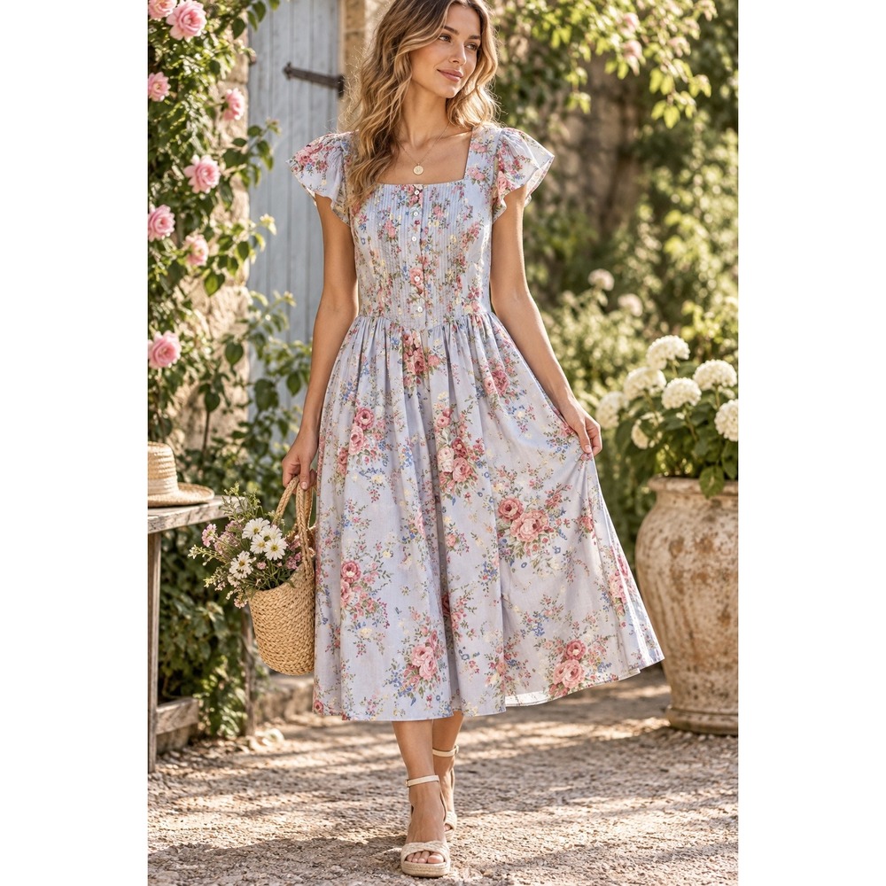 Vintage Liz Claiborne Petite Floral Cottagecore Midi Dress Blue Cotton Size 10P